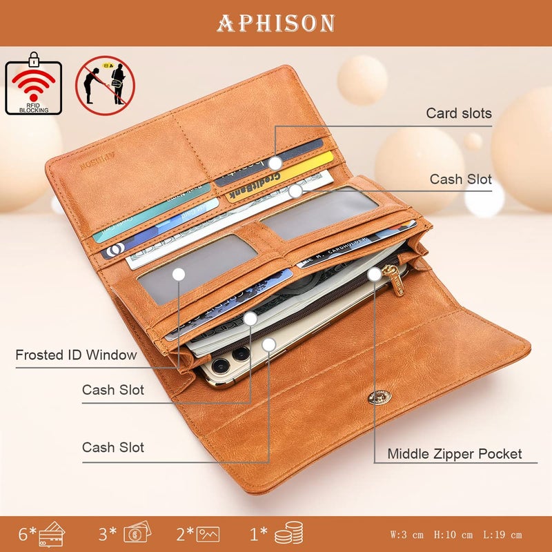 APHISON Ladies Soft PU Leather Long Wallet Trifold Clutch Purse Credit Card Holder Case for Women With Gift Box 2214 (BROWN) - Image 3